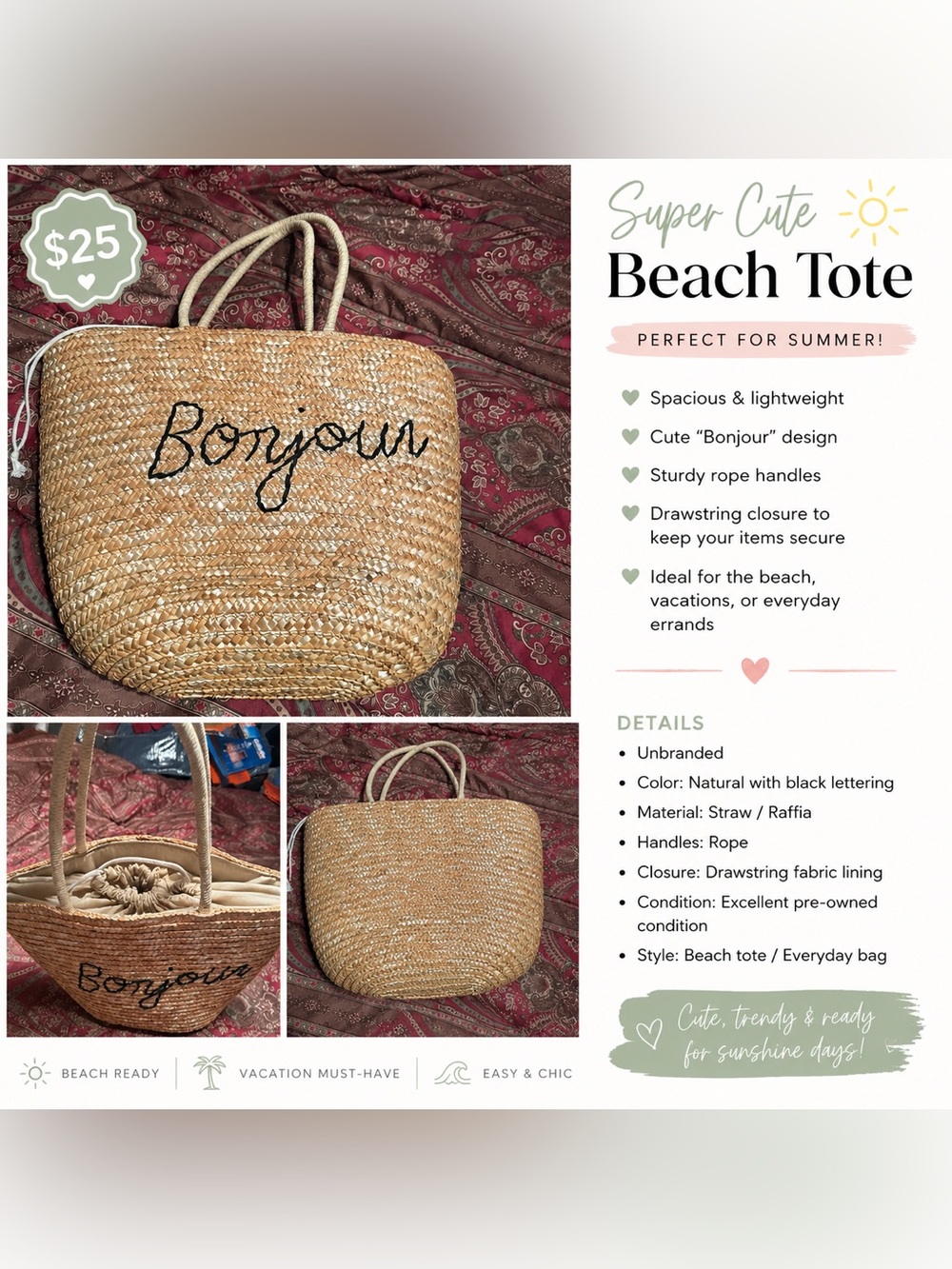 Unbranded Natural Straw Tote with Black "Bonjour" Script